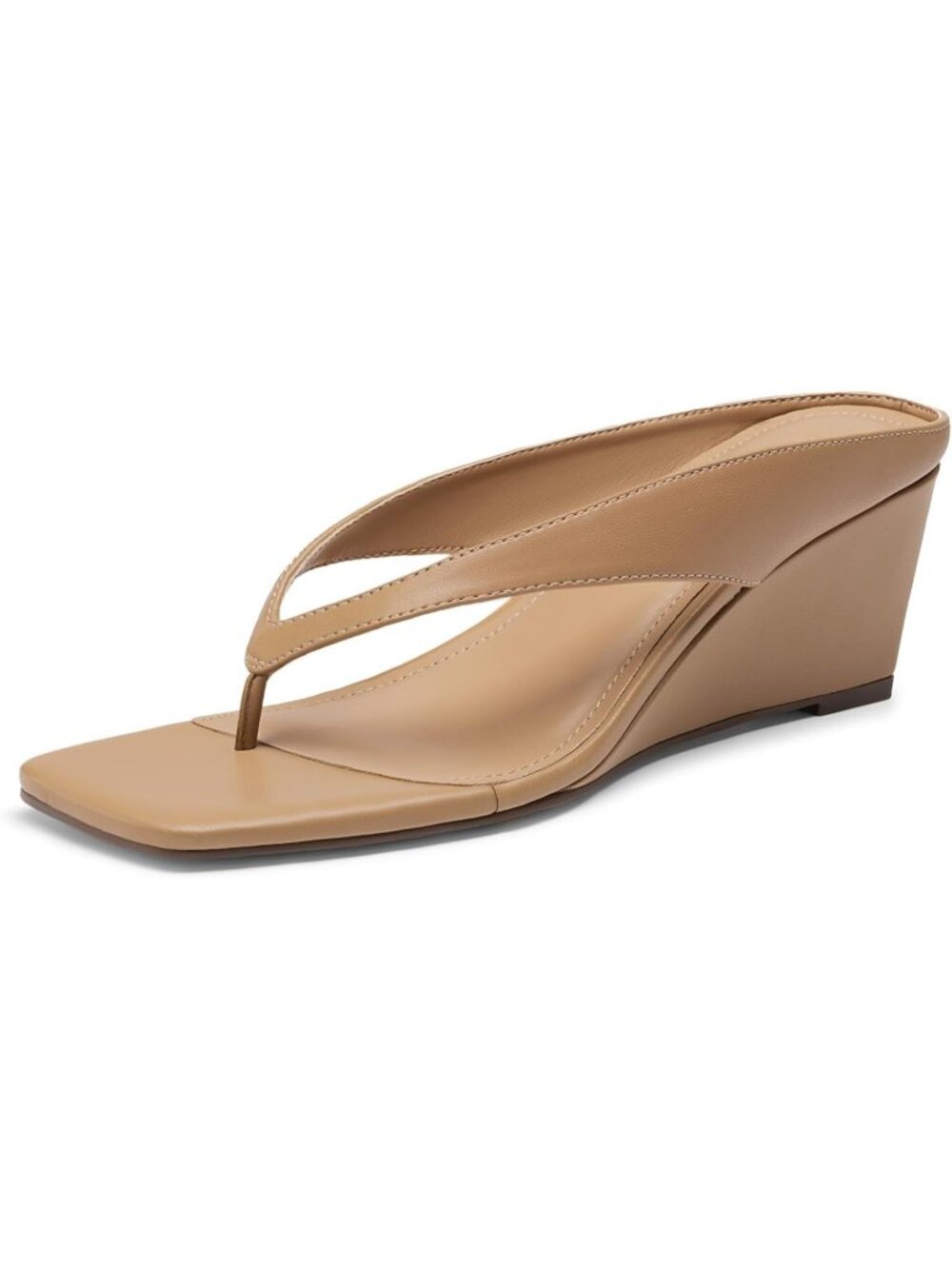 Women's Tan Flip Flop Low Wedge Sandals Open Square Toe Dressy Heeled Sandals